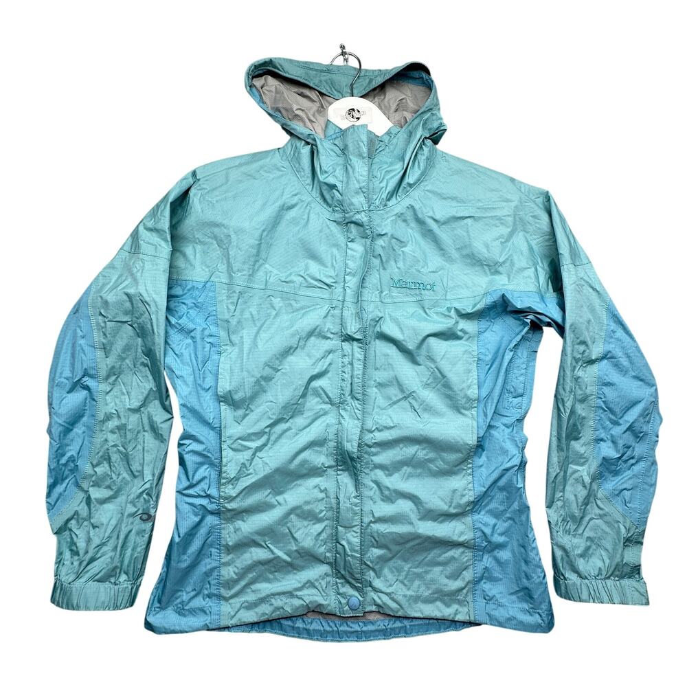 Marmot Jacket Precip Eco Rain Windbreaker Hood Jacket Womens Medium Teal Ripstop